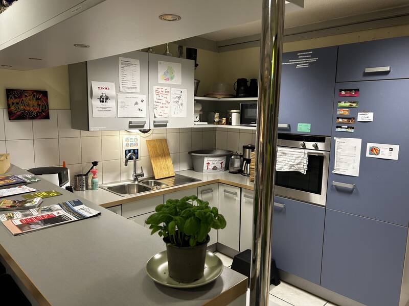 Die Abbildung zeigt eine moderne Küche mit blauen Schränken, einem Ofen, einer Spüle, einer Kaffeemaschine und Kräutertopf auf der Arbeitsfläche, sowie verschiedene Informationszettel und Broschüren an Schränken und auf der Theke.