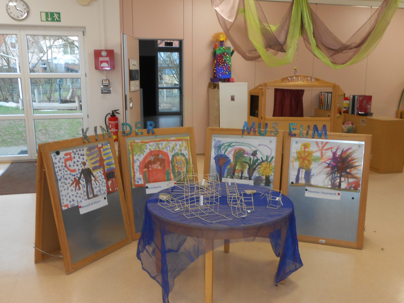 Ein Raum mit mehreren Kinderkunstwerken auf Staffeleien, einem kleinen Tisch mit Drahtmodellen in der Mitte und dem Schriftzug "Kindermuseum" darüber.