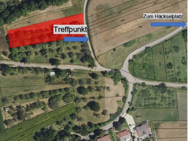 Eine Luftaufnahme zeigt Felder und Wege, mit einem roten Bereich als "Treffpunkt" und einem Pfeil in Richtung "Zum Häckselplatz".