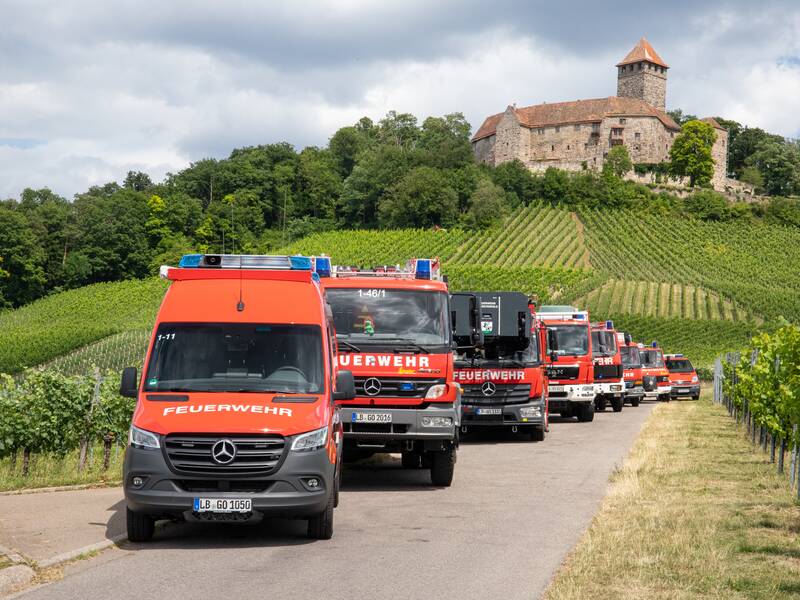 Mehrere rote Feuerwehrfahrzeuge fahren auf einer Straße durch Weinberge mit einer Burg im Hintergrund.